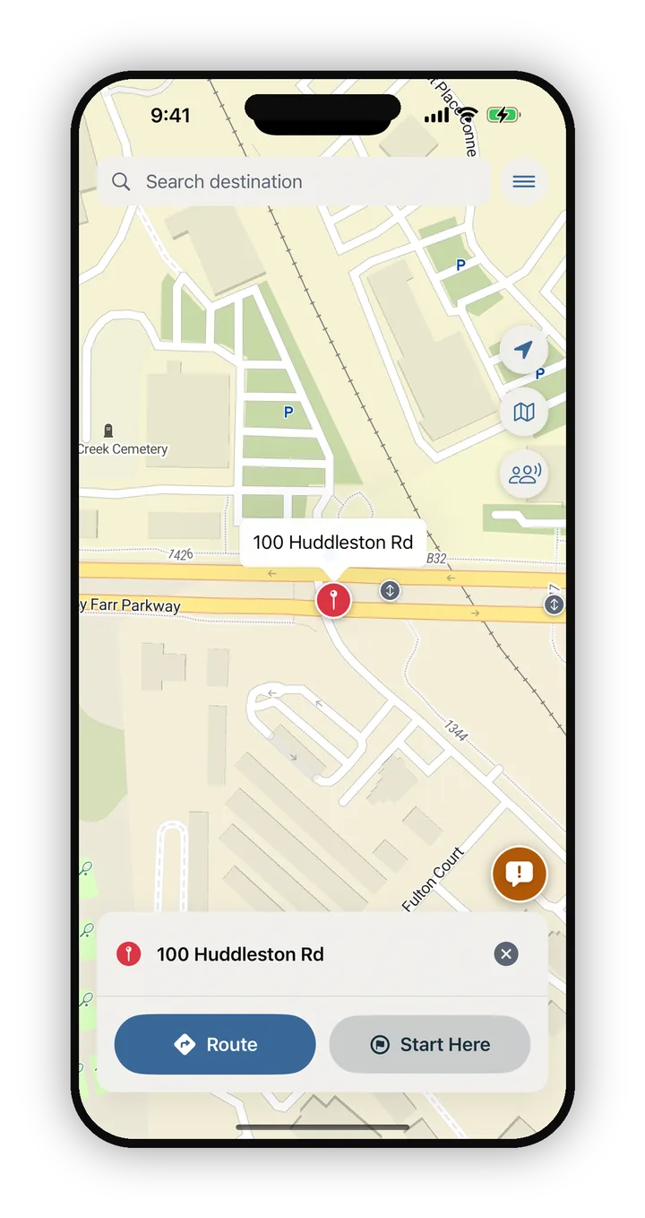 Cruze Cart with a dropped pin on the map and the option to route to it or add it as a stop