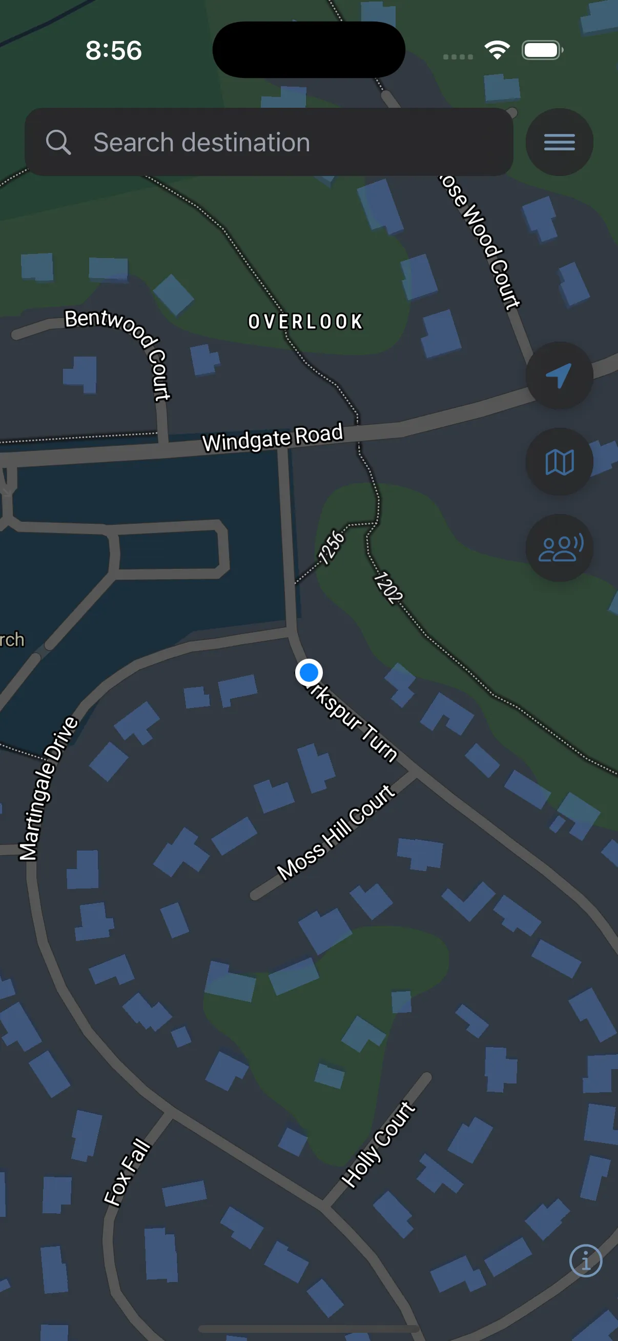 Cruze Cart dark map theme showing golf cart paths in Peachtree City